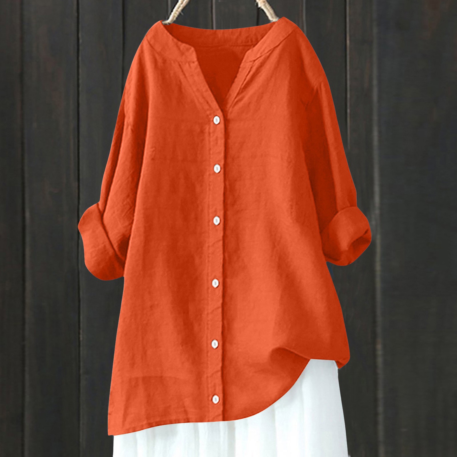 thumbnail image 2 of Blusa holgada con botones para mujer: camisa de manga larga y color liso, top informal con cuello en V para el trabajo o el fin de semana, tallas S-5XL., 2 of 4